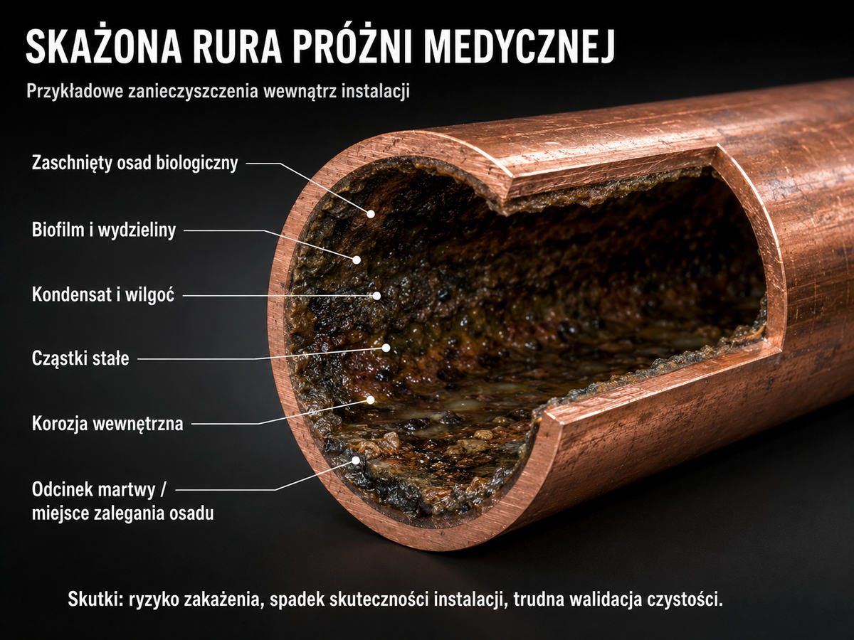 Skażona instalacja próżni medycznej — dlaczego przedmuch, para i spirytus nie działają